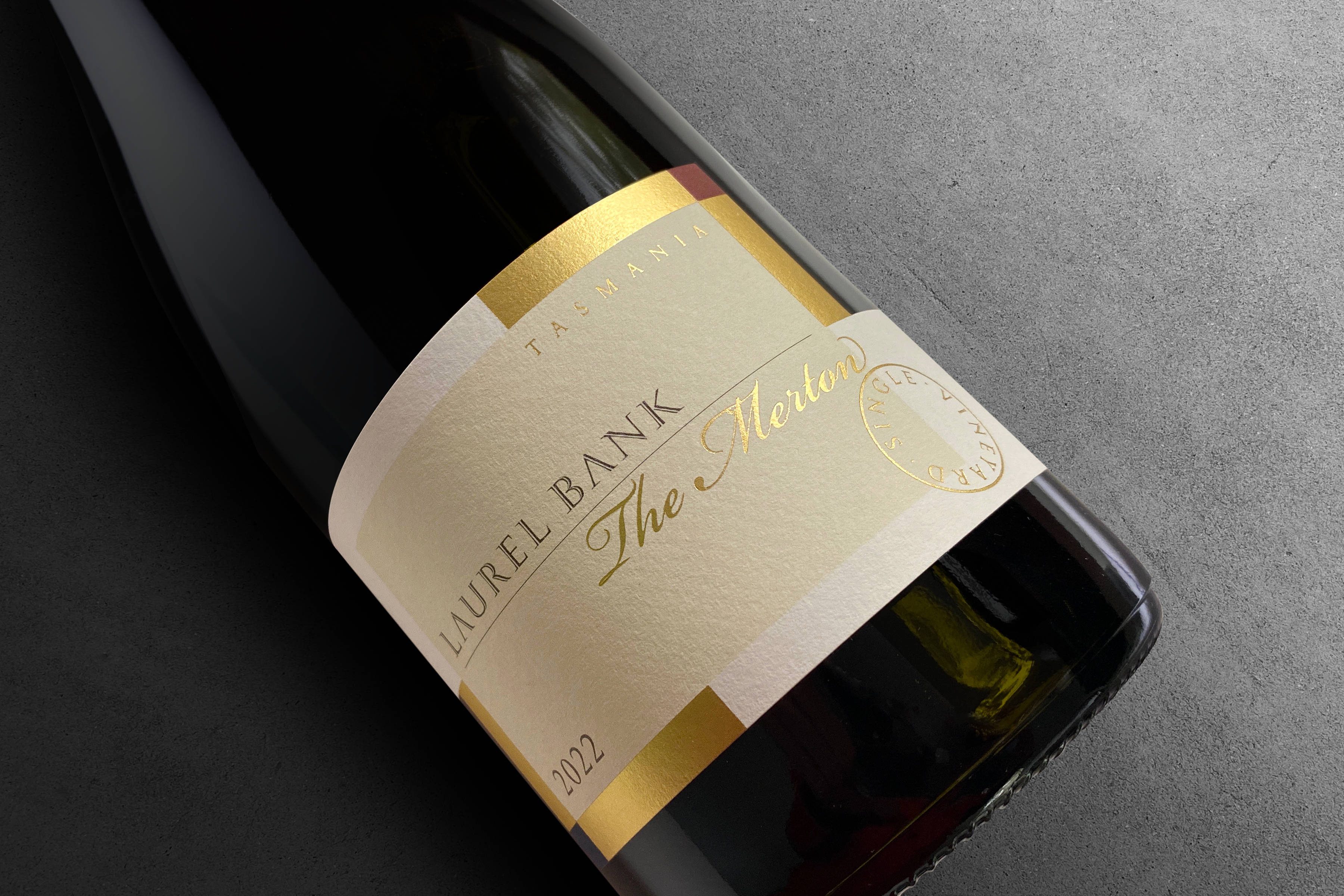 Close-up photo of the label of a bottle of Laurel Bank The Merton 2022. Photo: Lynda Warner.